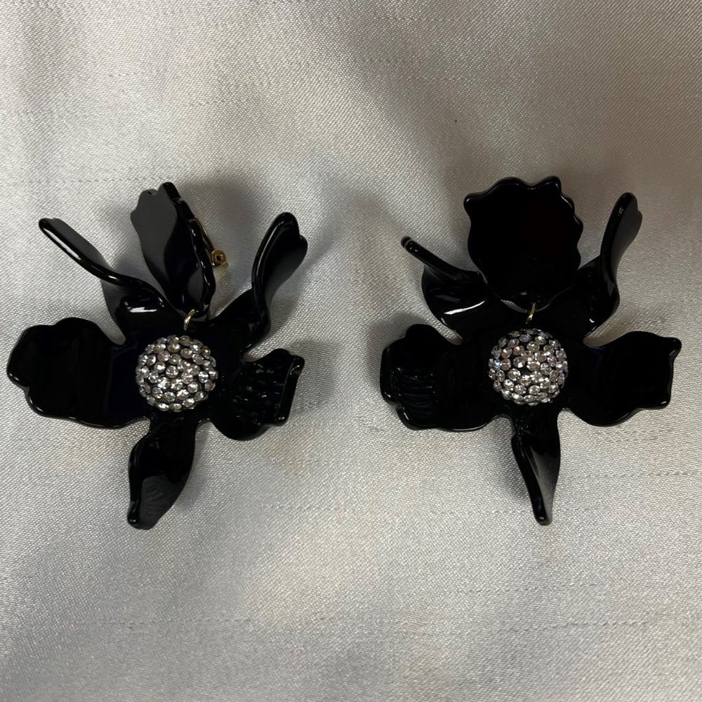 Lele Sadoughi Large Lily Black Glossy Crystal Clip-on Earrings